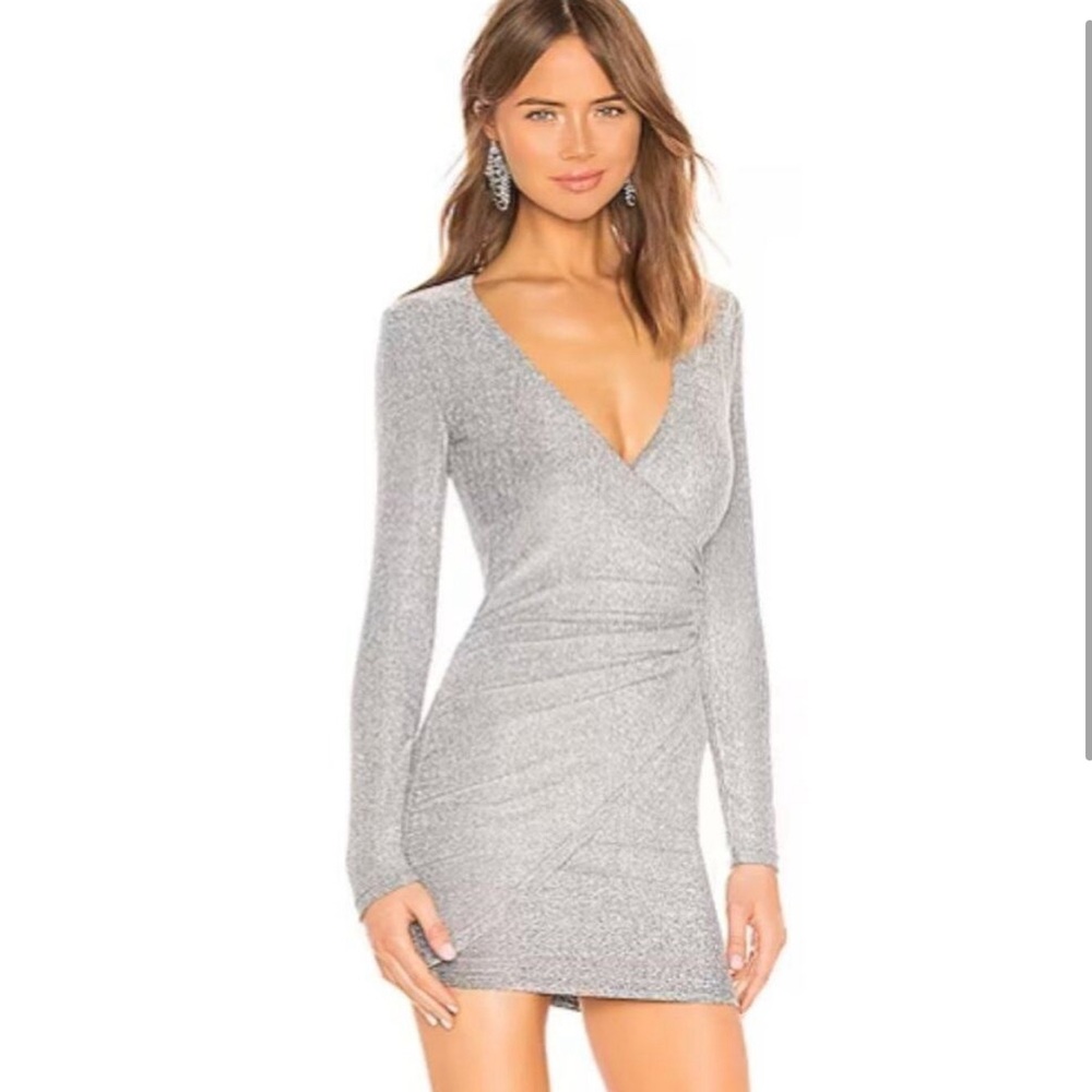 superdown Silver Long Sleeve V-Neck Bodycon Dress
